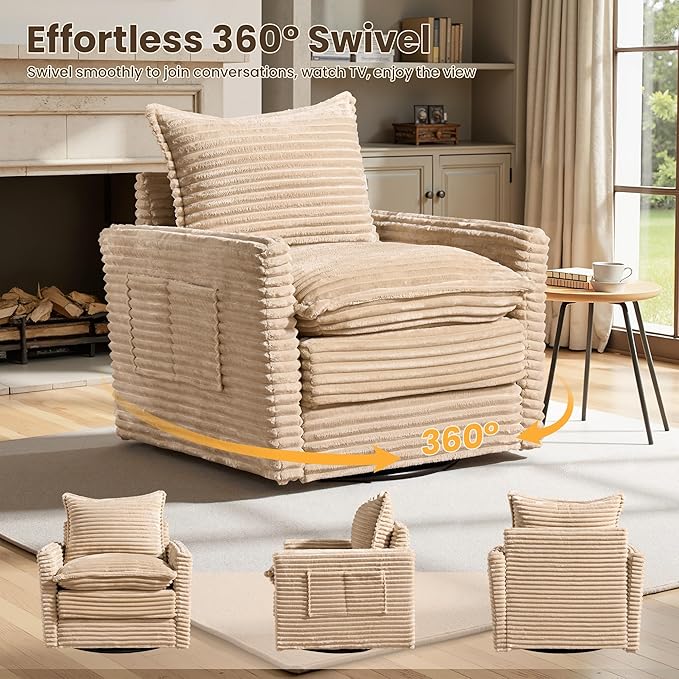 98" Modular Sofa with Swivel Chairs, Modern L Shape Cloud Sectional Couch Plush Corduroy 5 Seater Deep Seat Sofas Set & Accent Armchair Set of 2 for Living Room, Beige