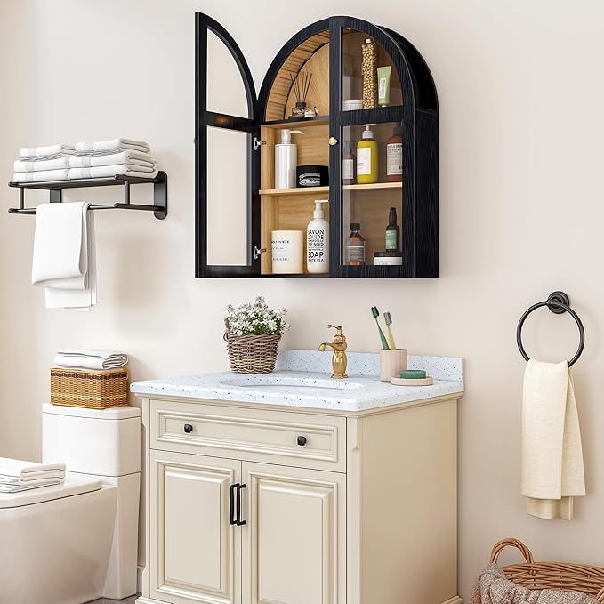 Arched Bathroom Wall Cabinet, Arch Medicine Cabinet Wall Mounted with Acrylic Doors, Wall Over The Toilet Storage Cabinet with Adjustable Shelves for Laundry Room, Kitchen (Black)
