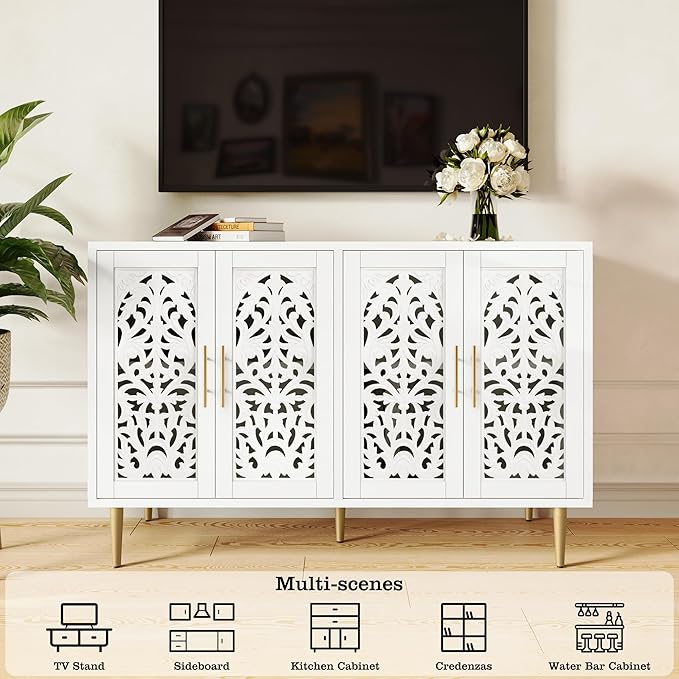 ARTPOWER 47.8" Accent Cabinet with 4 Doors, Vintage Hollow Carving Buffet Cabinet, Sideboards and Buffets with Storage, Credenza for Living Room, Kitchen, Dining Room, Entryway, Hallway, White