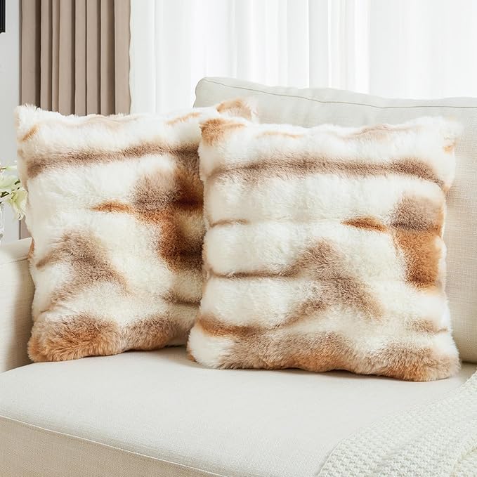 FUTEI Brown White Decorative Throw Pillow Covers 16x16 Inch Set of 2,Soft Fuzzy Faux Rabbit Fur Cushion Covers with Raised Texture,Neutral Boho Home Decor for Couch Bed Living Room