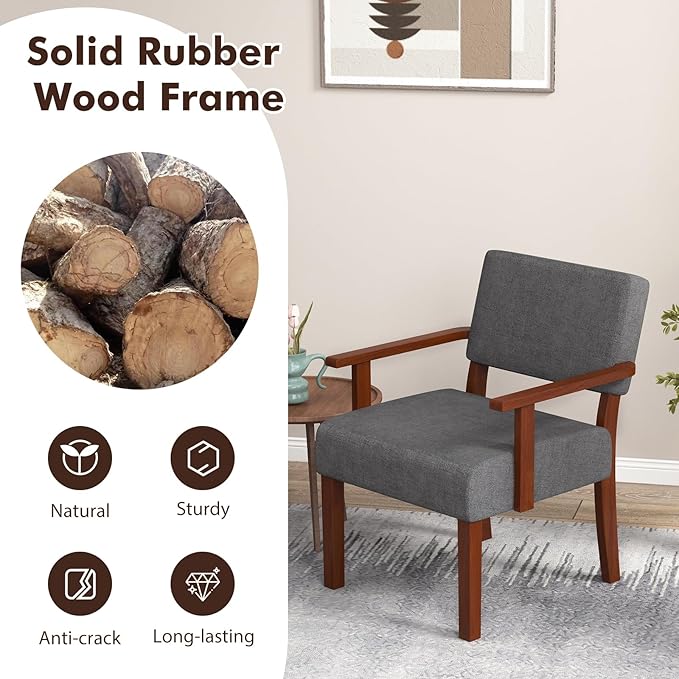Giantex Mid Century Modern Accent Chair - Linen Living Room Arm Chair w/Soft Padded Seat & Backrest, Rubber Wood Frame, Upholstered Reading Chair for Living Room, Bedroom, Reception, Grey
