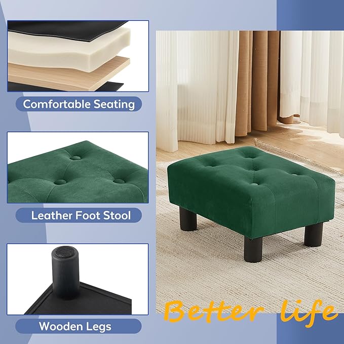 Small Foot Stool Ottoman, Velvet Footstool Ottoman Foot Rest for Couch, Rectangle Footstools and Ottomans Small for Living Room, Entryway (Green)