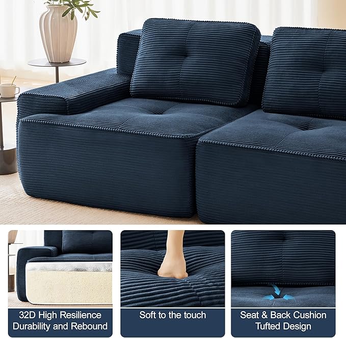80.3” Blue Boneless Couches for Living Room, Modular Sectional Sofa with L-Shape Chaise, 2 Seater Comfy Upholstered Loveseat Deep Seat Corduroy Fabric Cloud Couch No Assembly, Anti-Slip Design