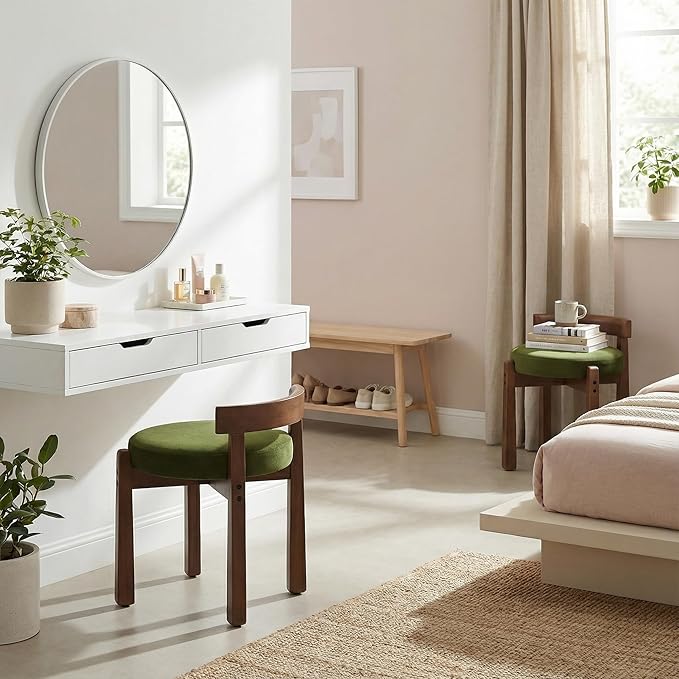 HNY Vintage Green Velvet Makeup Ottoman Set of 2 Compact Round Vanity Chairs with Wooden Legs, Perfect for Small Spaces Like Entryway, Cloakroom & Boudoir