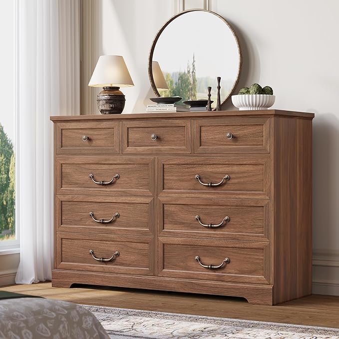 DICTAC Farmhouse 9 Drawers Dresser for Bedroom, Wide Dressers Chest of Drawers, Large Storage Closet Organizer with Natural Texture and Vintage Metal Handle, Wooden Dresser TV Stand for Living Room