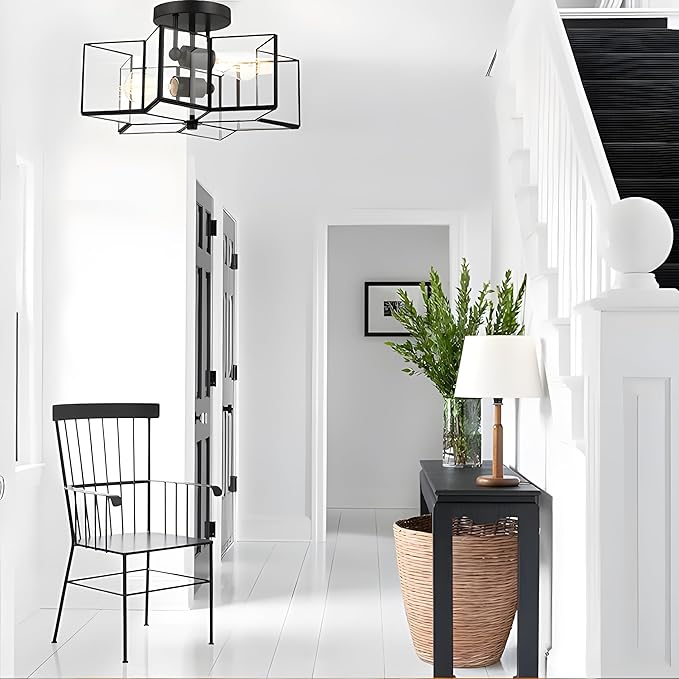 Bofea-Modern Black Semi Flush Mount Ceiling Light Star Ceiling Light Vintage Octagon Lights Fixture Black Flush Light Fixture for Bedroom 2-Lights Clear Glass Semi Flush Mount Chandelier for Hallway
