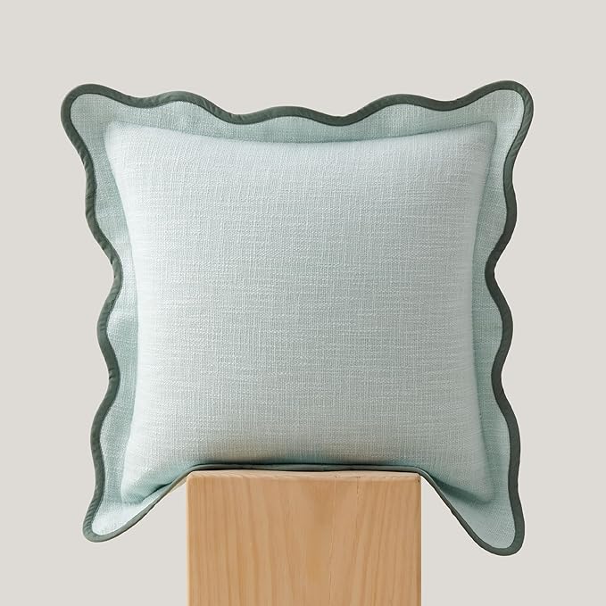 Double Stitch Scalloped Throw Pillow Covers - 100% Cotton Decorative Boho Pillow Covers 20 x 20inch, Made in India, Square Cushion Case, Modern Home Decor for Couch Sofa Living Room, Aqua Mint