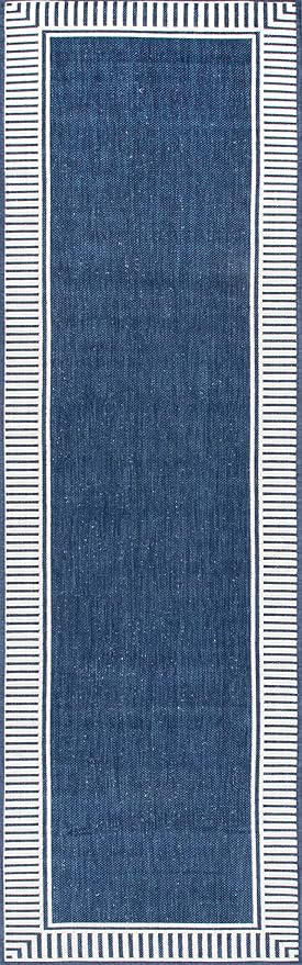 nuLOOM 2' x 8' Outdoor Area Rug, Casual Design With Striped Border, Stain Resistant, Highly Durable, For Patio, Balcony, Bedroom, Living Room, Dining Room, Bathroom, Navy