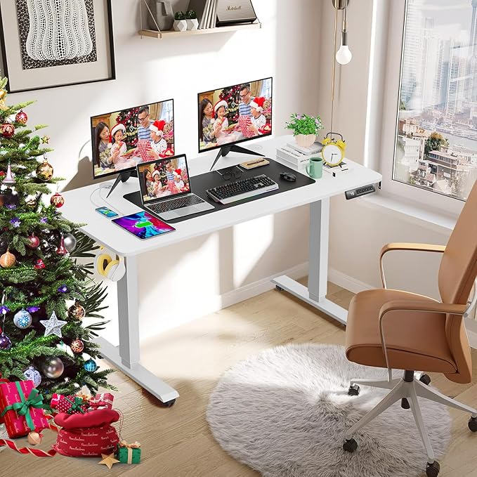 farexon Electric Standing Desk Adjustable Height, 63x24 Inches Computer Desk with Rolling Wheels, Mouse Pad,Multifunctional Stand up Desk for Home/Office(White)