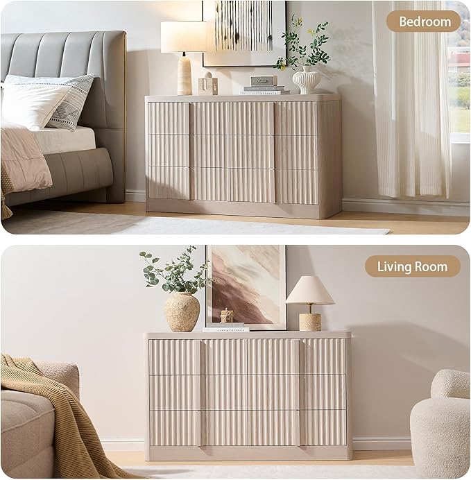 Fluted Dresser for Bedroom, 47" Wide 6 Drawer Dresser, Modern TV Stand Set, Curved Profile Design, Chest of Drawers with Solid Wood Handle for Living Room, Bedroom, Hallway