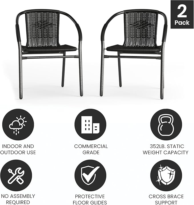 EMMA + OLIVER Set of 2 Modern Rattan Indoor/Outdoor Stack Chairs, Stacking Rattan Patio Chairs with Curved Back and Cross Bracing, Black