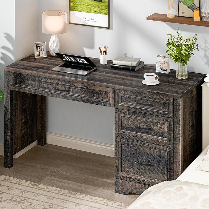 Vabches Farmhouse Executive Desk with Storage and Ample File Drawer, Rustic Large Home Writing Desk for Bedroom, Dark Oak