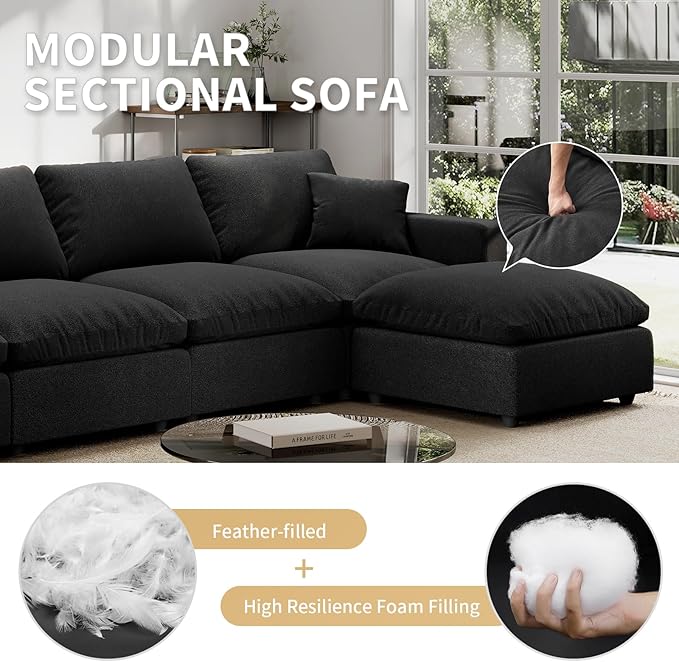 Modern Sectional Linen Couch for Living Room V-Shape Sofas,4 Seat Modular Cloud Sofas,Couches Cushion Covers Removable,Cozy Feather Down Sofa for Apartment Black
