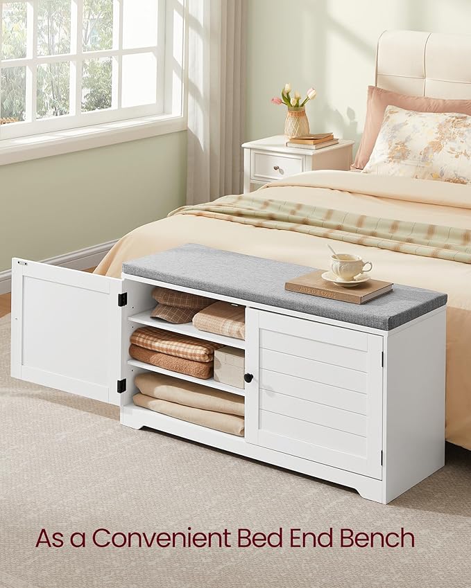 VASAGLE Shoe Storage Bench with Cushion, 3-Tier Entryway Bench with Padded Seat, Doors, Adjustable Shelves, 14 x 39.8 x 20.7 Inches, for Hallway, Bedroom, Cloud White and Dove Gray ULSB044W01