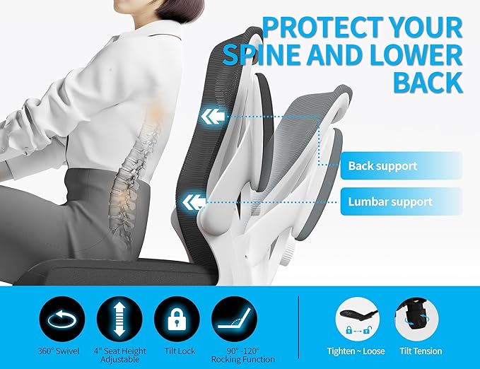 Ergonomic Office Chair - Computer Desk Chairs Comfy, Mesh High-Back Gaming Chair with Adjustable Lumbar Support, Executive Task Chair for Adults, Comfortable for Long Hours (White Black)