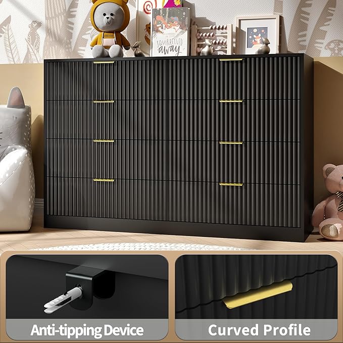 Black Dresser for Bedroom with 8 Drawer, 55” Wide Fluted Double Drawer Dresser Modern Chest of Drawers with Gold Handle, Wood TV Stand for Bedroom, Living Room, Black