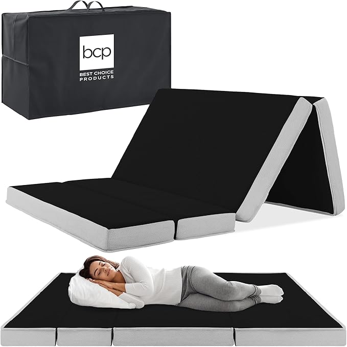 Best Choice Products 4in Portable Full-Size Mattress, Tri-Fold Mattress for Camping, Guest, Toddler, Foam Plush w/Carry Case - Onyx Black