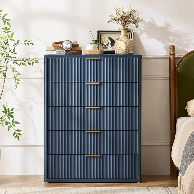 LEYAOYAO Fluted 5 Drawers Dresser for Bedroom, 41" Tall Modern Chest of Drawers with Metal Handle, Curved Profile Farmhouse Closet Organizer Wood Dressers TV Stand for Living Room, Hallway, Navy Blue