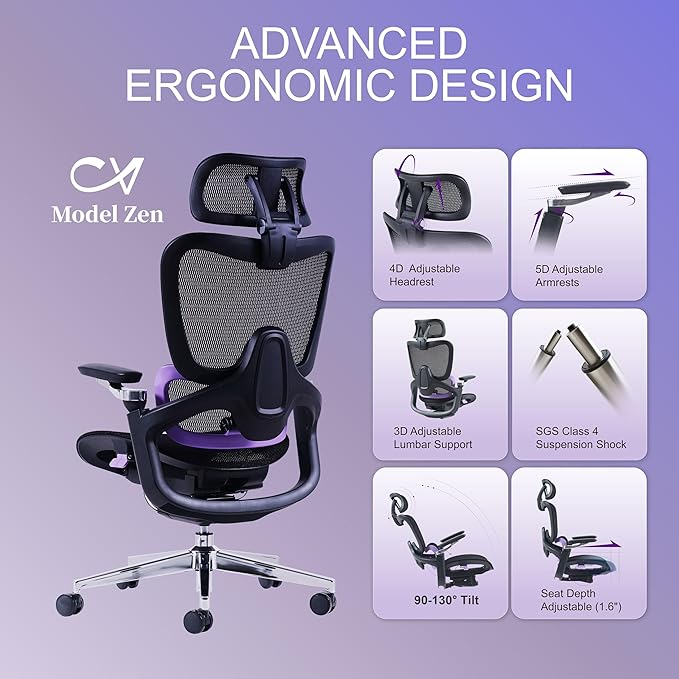 Ergonomic Office Chair, Mesh Home Office Desk Chair with Adjustable Lumbar Support, Big and Tall Gaming Chair with 4D Headrest, 5D Armrest,90-130°Tilt, BIFMA Certified, Model Zen (Purple)