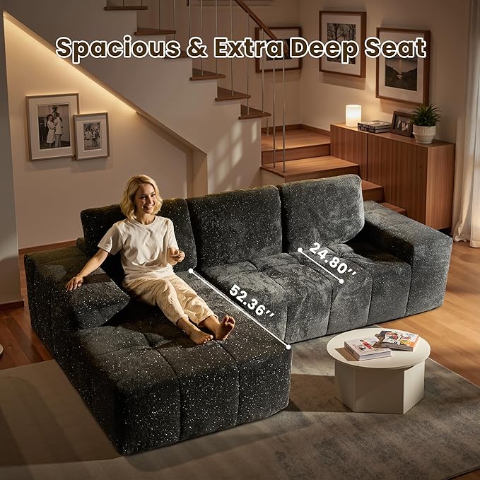 114" Glitter Cloud Sectional Couch with L-Shape Chaise, Modern Boneless Couches for Living Room, Fluffy Tufted Deep Seat Modular Sofa in a Box No Assembly