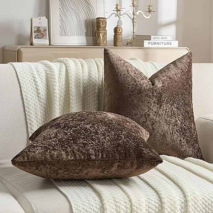 FUTEI Dark Coffee Flannel Throw Pillow Covers 24x24 Inch Set of 2,Soft Dimensional Textured European Cushion Cases,Modern Home Decor for Couch Living Room