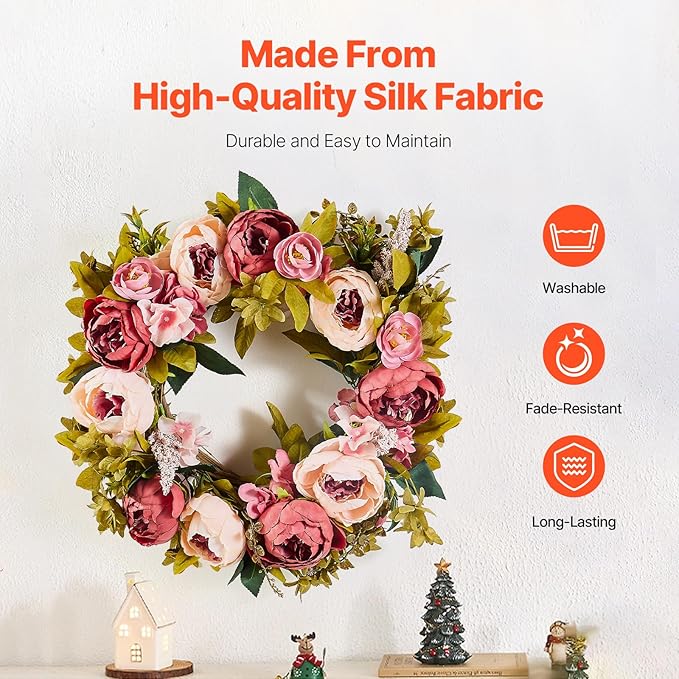 VEVOR Spring Wreath for Front Door 19 Inch - Artificial Peony Floral Wreath with Greenery, Year-Round All Season Outdoor Indoor Decor