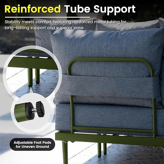 Sundale Outdoor 5 Pieces Patio Furniture Set with Fire Pit Table, Metal Outdoor Sectional Sofa with 6 Inch Olefin Cushion, All-Weather Modern Outdoor Conversation Sets (4 Seats,Green Frame)