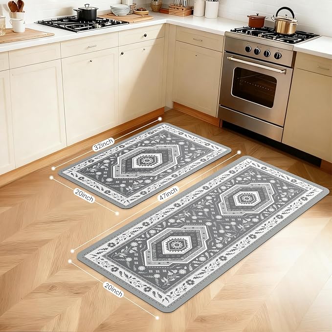 ArtyCozy 2 Piece Boho Kitchen Rug Set, Non-Slip Super Absorbent Kitchen Mats for Floor with Rubber Backing, Stain Resistant Runner for Hallway Laundry Holiday Decor, Grey, 20" × 32'' Plus 20'' × 47''