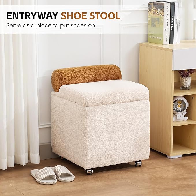 Boucle Vanity Chair with Storage, Swivel Makeup Vanity Chair with Wheels & Safety Hinge, Upholstered Vanity Stool Ottoman for Bedroom, Dressing Room, Beige