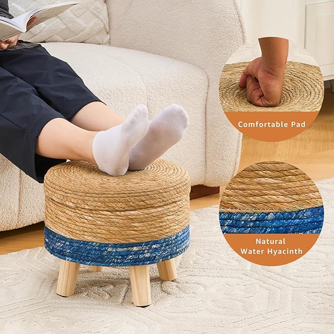 Cpintltr Storage Ottoman Poufs Handwoven Footstool Natural Seagrass Round Footrest Stool with 4 Wood Legs Soft Padded Outdoor Seat for Hallway Lounge Bedroom Garden