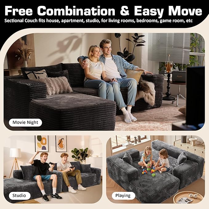106" Cloud Sectional Couch with Chaise Lounge,L Shaped Modular Modern Sofa,Comfy Corduroy Fluffy Sofa with Deep Seat,No Assembly Required Couch for Living Room(Left,Plush Corduroy,Gray)