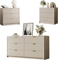 3-Piece Dresser Bedroom Set, 6 Drawer Dresser & 3 Drawer Nightstands with Gold Handles, Fluted Wood Chest of Drawers for Bedroom, Living Room, Entryway, Beige