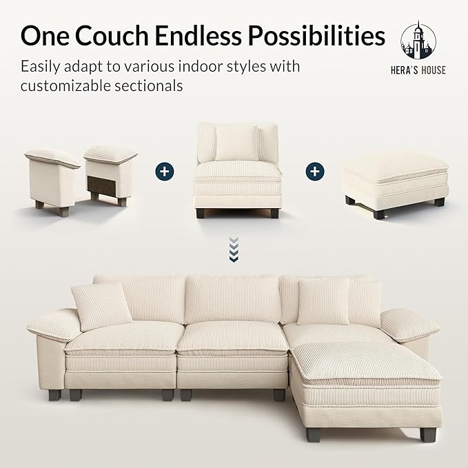 HERA'S HOUSE Oversized Modular Sectional Sofa, 124" L Shaped Cloud Couch with Ottoman and Throw Pillow, Mixed Fabric Sleek Couches for Living Room, Beige