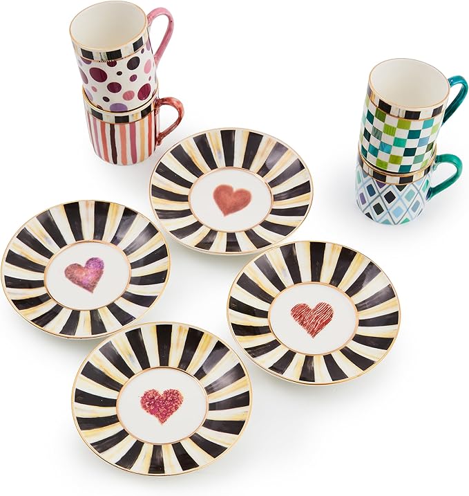 MACKENZIE-CHILDS Sweetheart Espresso Cup and Saucer Set, Cute Porcelain Espresso Cups and Saucers for Coffee, Set of 4