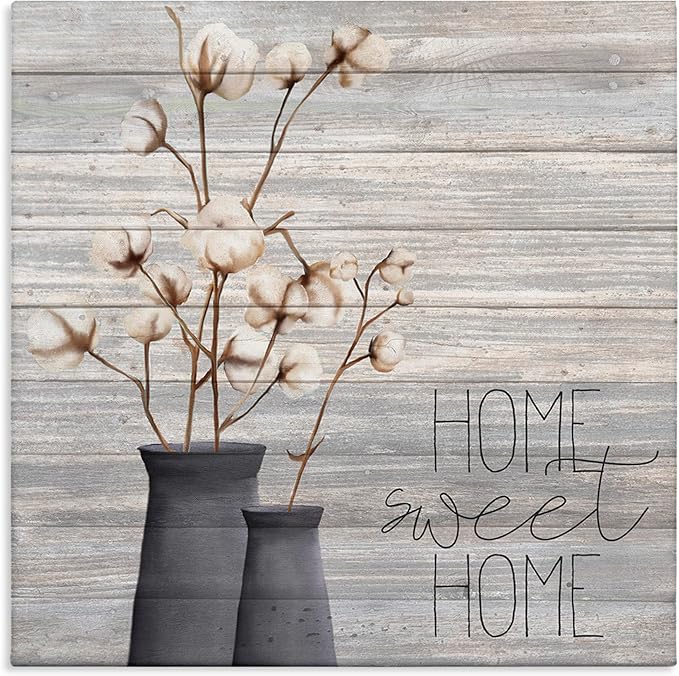 The Stupell Home Decor Grey Home Sweet Home Cotton Flowers in Vase Canvas Wall Art, 17 x 17, Proudly Made in USA