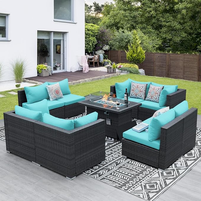 NICESOUL Extra-Large 9 Pcs Outdoor Patio Furniture Set with Fire Pit Table Natural Gas/Propane, 29.3'' High Back Deep Wide Modular Sofa Conversations with Fireplaces, 2 Color Cushion Teal Blue & Grey