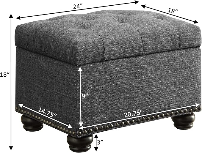 Convenience Concepts Designs4Comfort 5th Avenue Upholstered Storage Ottoman 24" - Contemporary Foot Stool and Seat with Hinged Lid for Living Room, Dining Room, Office, Den, Dark Charcoal Gray Fabric