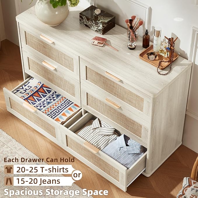 LEYAOYAO Rattan Dresser for Bedroom Set of 2, Boho 48" Wide White Dresser Chest of Drawers, Dressers TV Stand with Metal Handle, Storage Dressers Closet Organizer for Living Room, Hallway