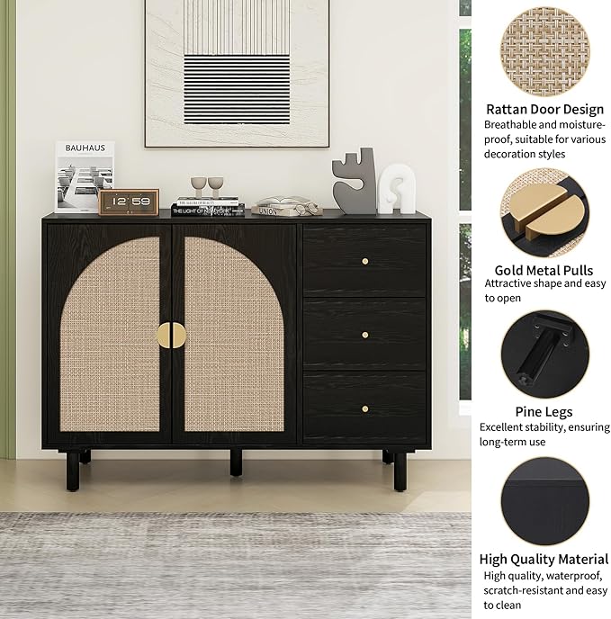 Black 2 Door 3 Drawer Rattan Cabinet, Accent Storage Cabinets with Cane Door, Stylish Boho Buffet Table with Storage,Black Rattan Cabinet Wood Credenza for Dining Room,Bathroom,Study,Kitchen