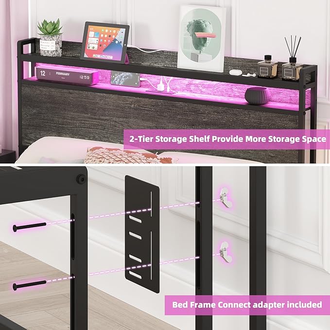 Elephance Headboard for Queen Size Bed Frame with 2 Tier Storage, with Outlets, USB and Type C Ports and LED Light, Height Adjustable, Platform Bed Headboard Only, Easy Assembly