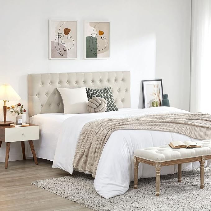 Kingfun Headboards for King Size Bed in Modern Button Design, Premium Linen Fabric Upholstered Tufted Bed Headboard, Adjustable Solid Wood Head Board, Beige