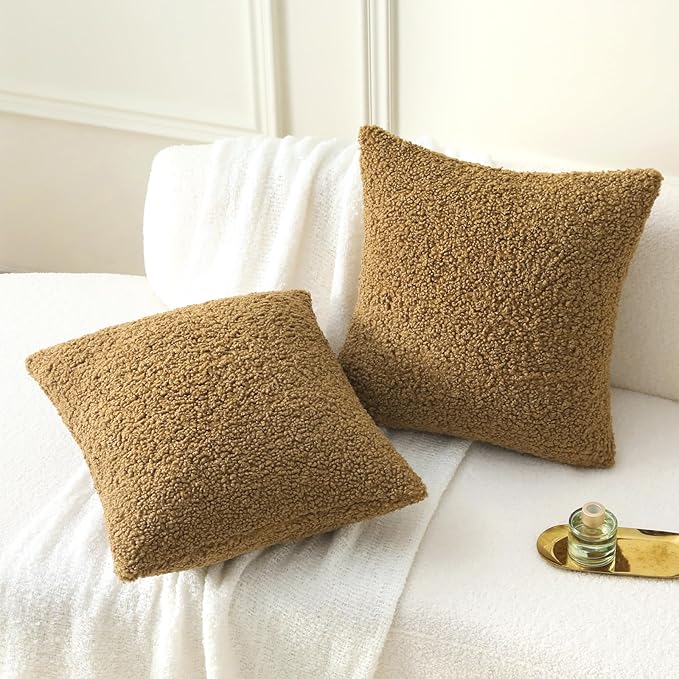 FUTEI Khaki Throw Pillow Covers 16x16 Inch Set of 2,Furry Faux Fur Teddy Boucle Textured Cushion Covers,Soft Fluffy Decorative Pillow Case,Home Decor for Couch Bed Living Room Office Car