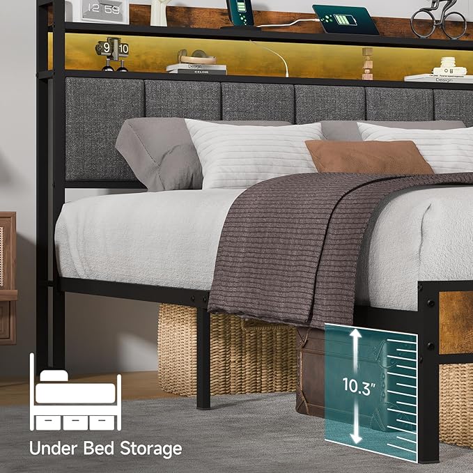 Z-hom Queen Bed Frames, Queen Bed Frame with 2-Tier Storage Upholstered Headboard, Metal Platform with USB Charging Station & LED Lights, Noise Free, No Box Spring Needed, Easy Assembly, Vintage Brown