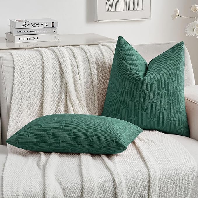 FUTEI Teal Chenille Decorative Throw Pillow Covers 12x20 Inch Set of 2,Soft Cozy Striped Geometric Patterns Lumbar Pillow Cases,Modern Home Decor for Couch Bed Living Room