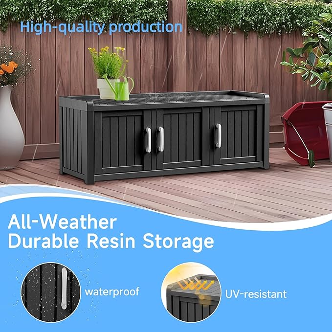 3 Doors Shoe Bench, Waterproof & UV-Resistant, Resin Shoe Cabinet Indoor & Outdoor Use, Entryway Bench with Adjustable Shelves & Hidden Storage Space for Bedroom, Hallway, Black