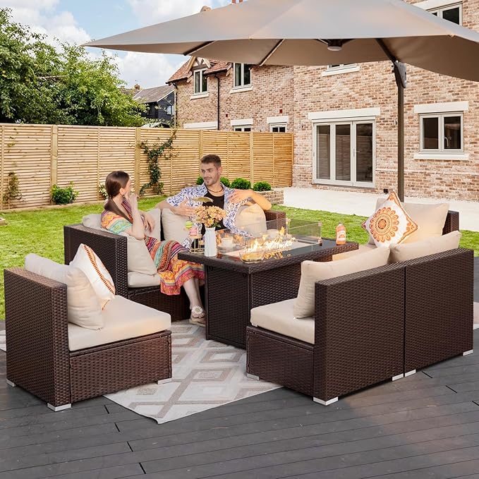 NICESOUL 7 Piece Outdoor Patio Furniture Set with Fire Pit Table Natural Gas & Propane Convertible, 29.3'' High Backrest Deep Wide Seating Conversation Sets, Wicker Sectional Couches, Brown & Beige