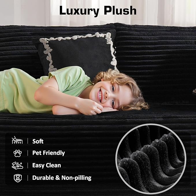 135'' Boneless Sectional Couch, Oversized U Shaped Modular Cloud Couches, Plush Corduroy Memory Foam Deep Seat Floor Sofa for Living Room, No Assembly Required, Black