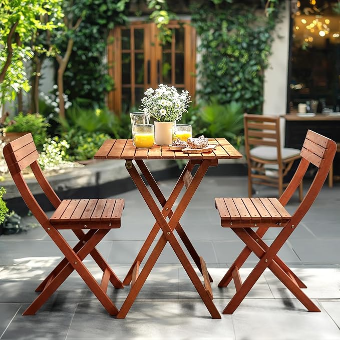 Tranquillo Foldable Eucalyptus Wood Bistro Set – 3-Piece Outdoor Patio Table and Chairs Set, Compact Folding Balcony Furniture, Weather & Water Resistant Garden Set for Small Spaces