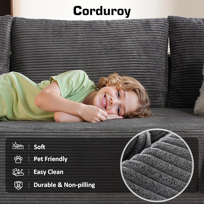 106" Cloud Sectional Couch with Chaise Lounge,L Shaped Modular Modern Sofa,Comfy Corduroy Fluffy Couches with Deep Seat,No Assembly Required Couch for Living Room(Right,Stripe Corduroy,Gray)