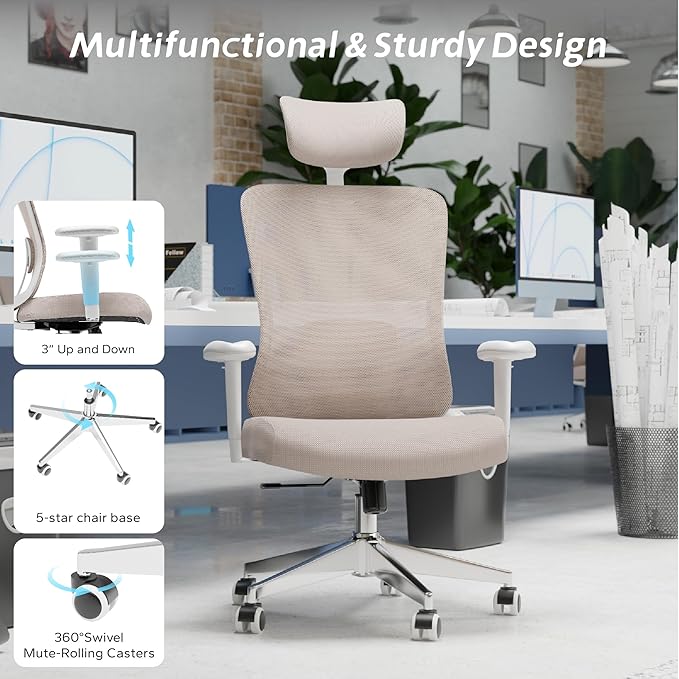 Ergonomic Office Chair with Adjustable Lumbar Support & Flip-Up Armrests - High Back Computer Desk Chair with Thickened Seat Cushion, Rolling Wheels for Home/Office Study Work (05khaki)